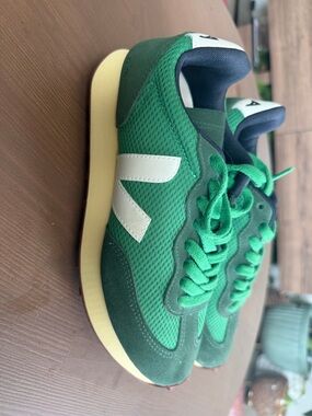 Veja Green Mesh and Suede Sneakers with White V